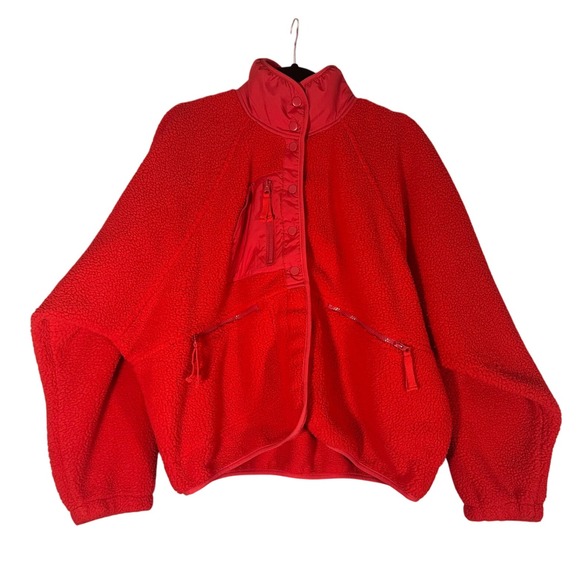 FP Movement Free People Hit The Slopes Fleece Pullover Sz L Snap Front Red Boxy - Picture 3 of 12